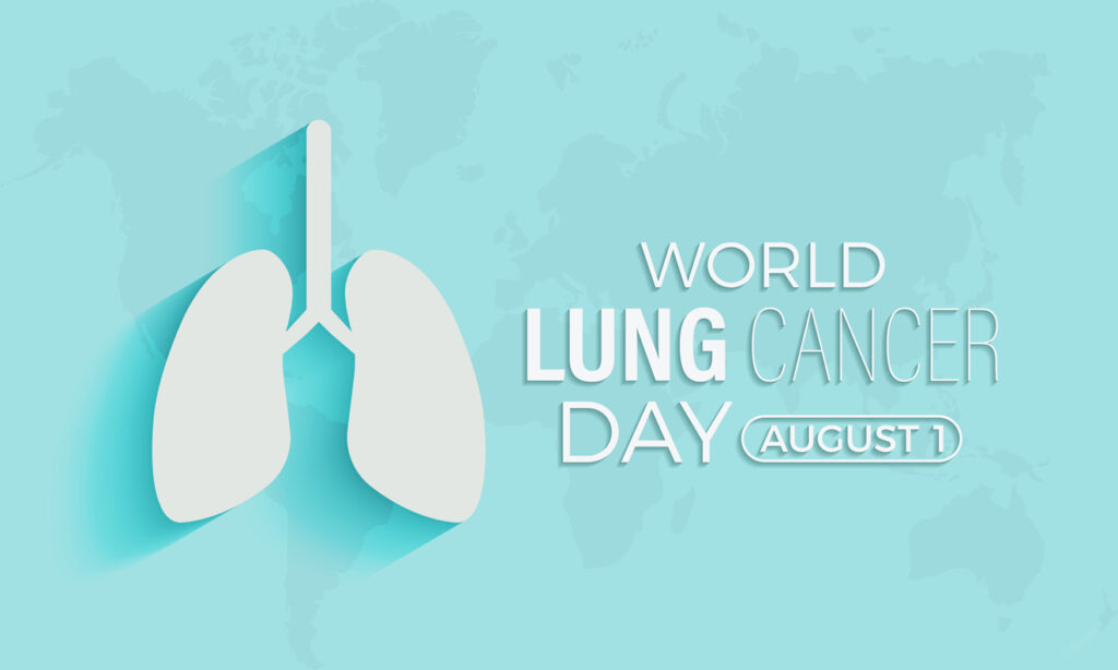 World Lung Cancer Day awareness ribbon and lung graphic