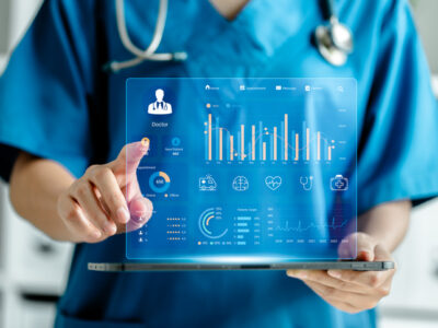 Doctor analyzing AI-powered digital data map representing the Google Maps approach to revolutionize lung cancer treatment
