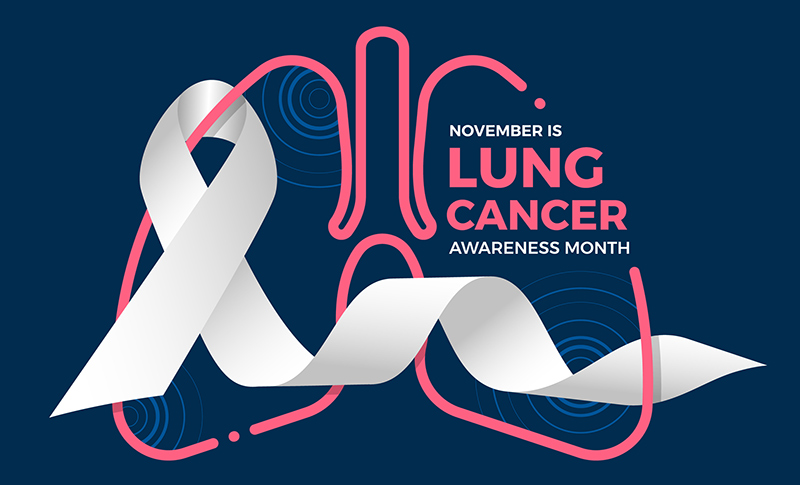 White lung cancer awareness ribbon in front of stylized pink lungs on a dark blue background with the words November is Lung Cancer Awareness Month