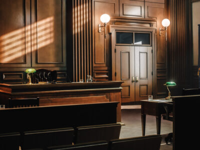 Historic asbestos cases that changed the law courtroom interior with judge bench and dramatic lighting