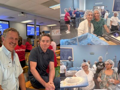 DuBose Law Firm team members packing MannaPack meals on the assembly line at Feed My Starving Children in Richardson, Texas